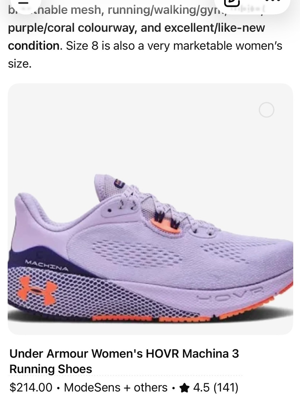 Under Armour HOVR Machina 3 Women’s 8.5 White Purple Running Shoes. Tried on.